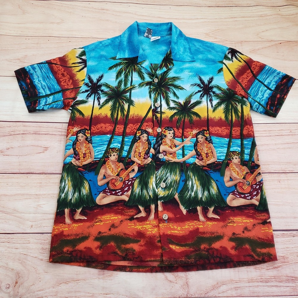 VINTAGE Kennington Hawaiian Shirt Mens Medium Blue Green Hula Girl Hawaiian Camp